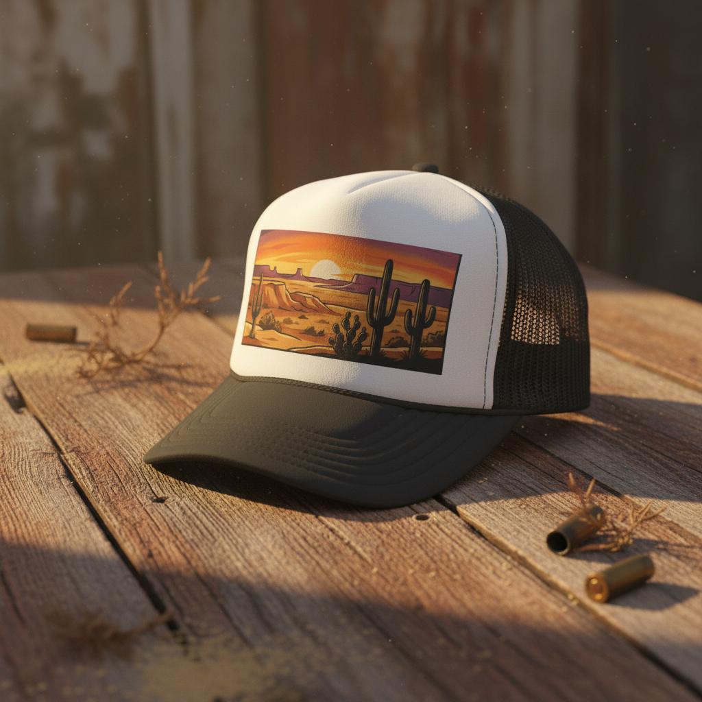 Texas Sunset Trucker Cap on weathered wood - Rustic Style