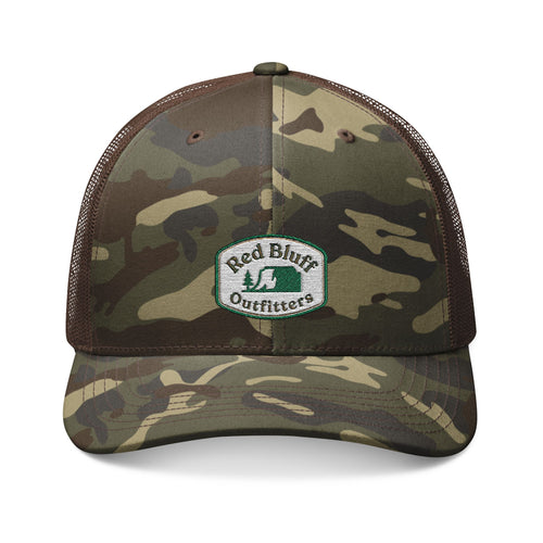 Camo Trucker Hat — Embroidered 'Red Bluff Outfitters' Patch, Breathable Mesh Cap for Outdoors & Hunting