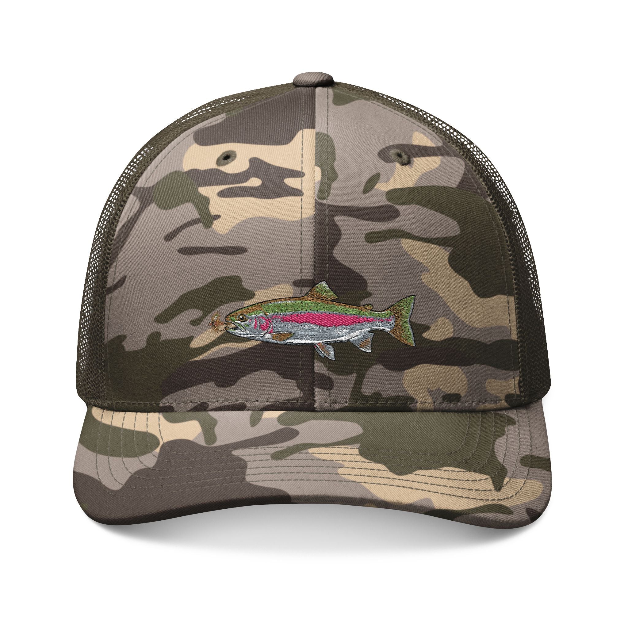 Camouflage Trucker Hat — Embroidered Rainbow Trout Cap
