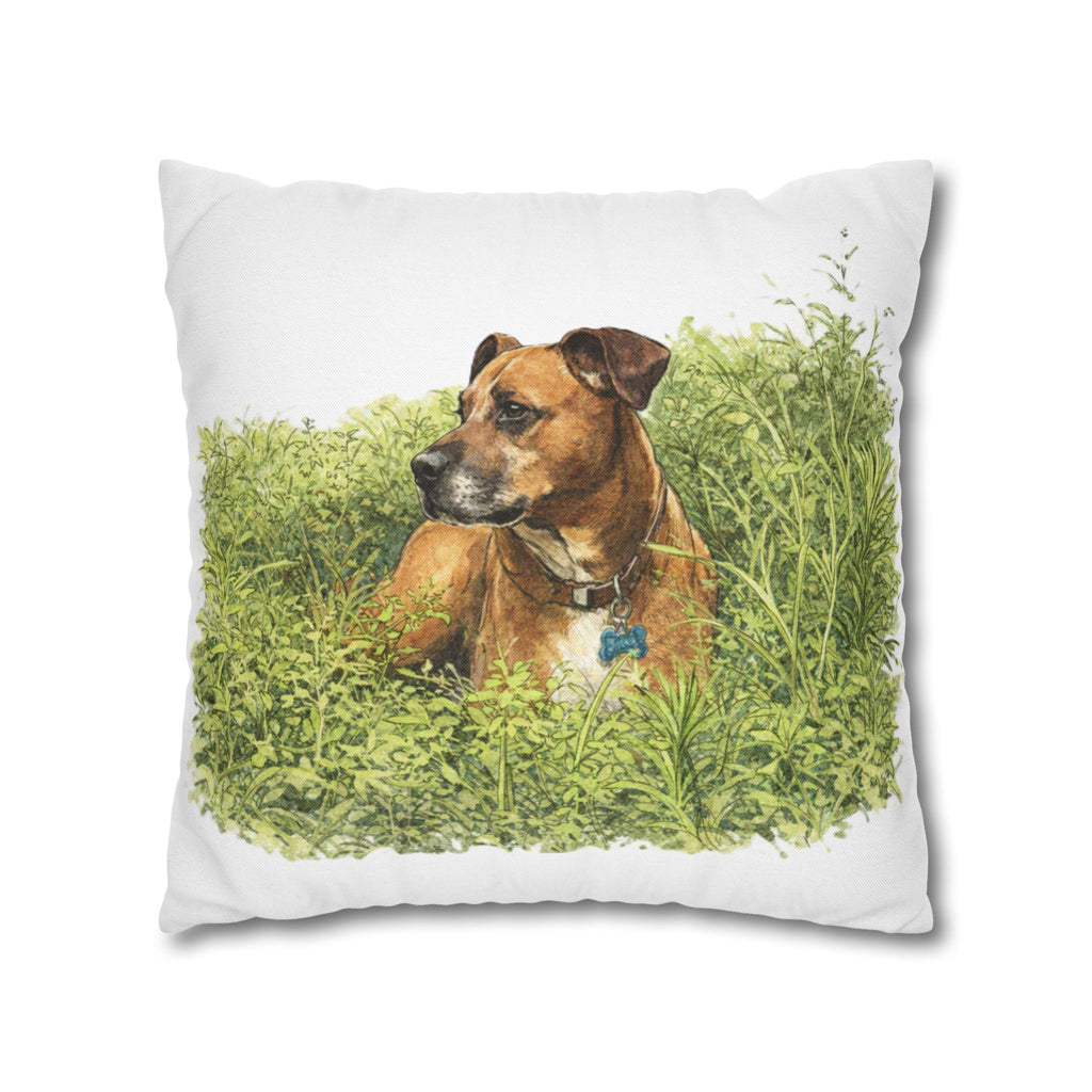Dog Photo Throw Pillow — Brown Dog in Grass Spun Polyester Square Pillowcase