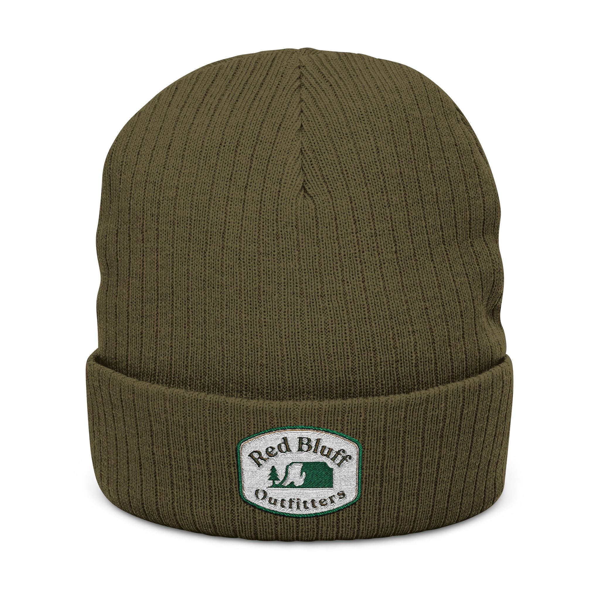 Embroidered Ribbed Knit Beanie — 'Red Bluff Outfitters' Patch Winter Hat
