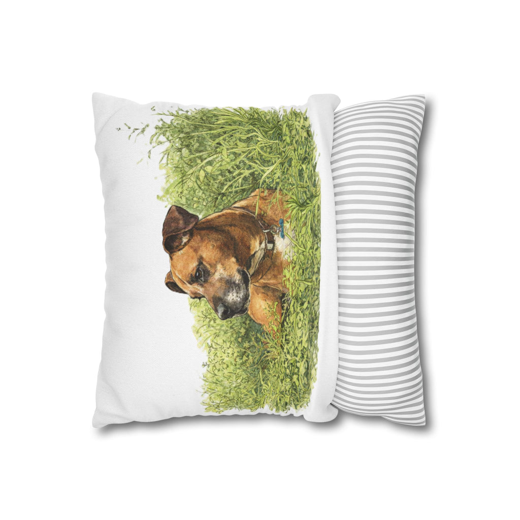Dog Photo Throw Pillow — Brown Dog in Grass Spun Polyester Square Pillowcase