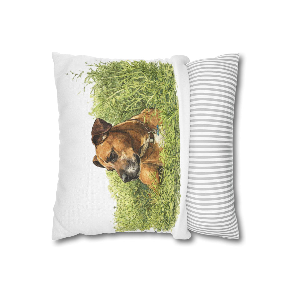 Dog Photo Throw Pillow — Brown Dog in Grass Spun Polyester Square Pillowcase