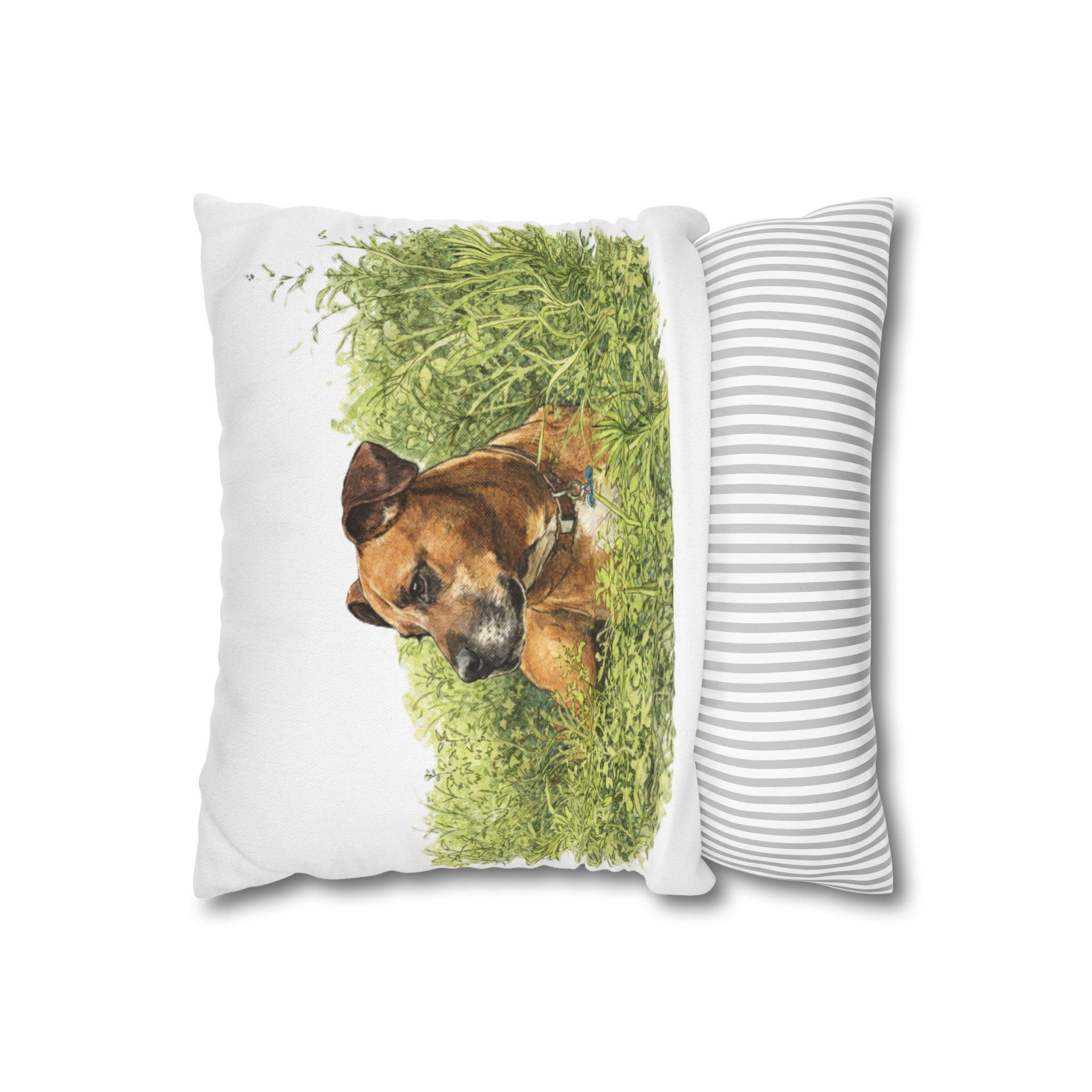Dog Photo Throw Pillow — Brown Dog in Grass Spun Polyester Square Pillowcase