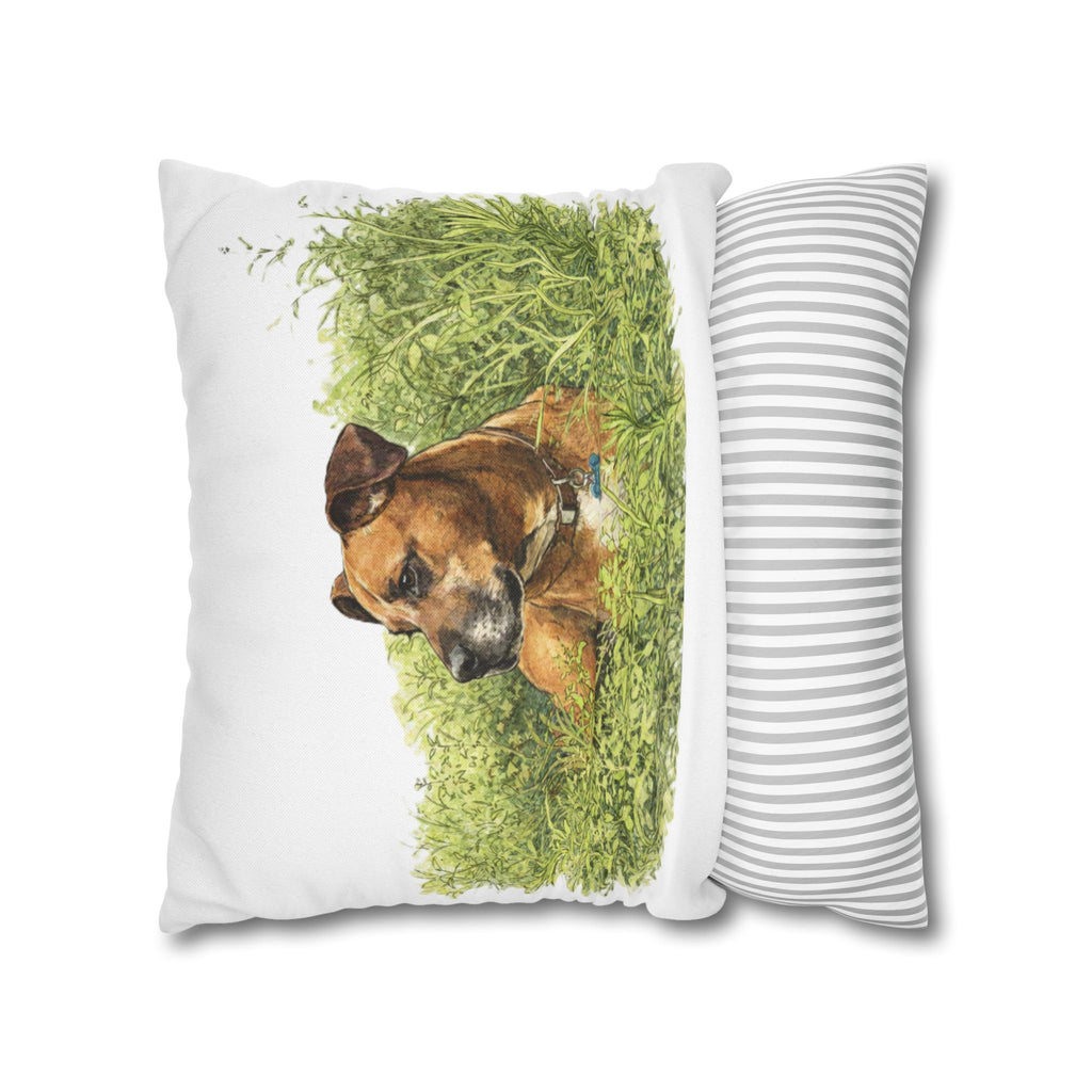 Dog Photo Throw Pillow — Brown Dog in Grass Spun Polyester Square Pillowcase