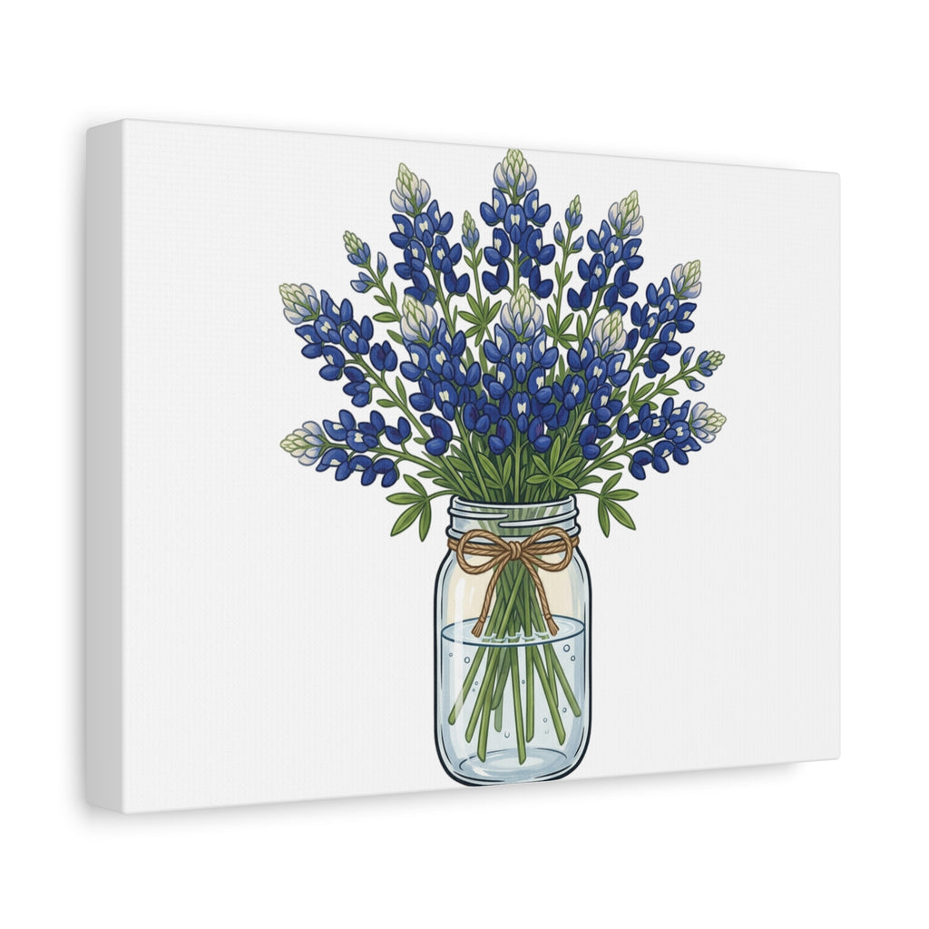 Bluebonnet Mason Jar Canvas Print — Rustic Floral Wall Art