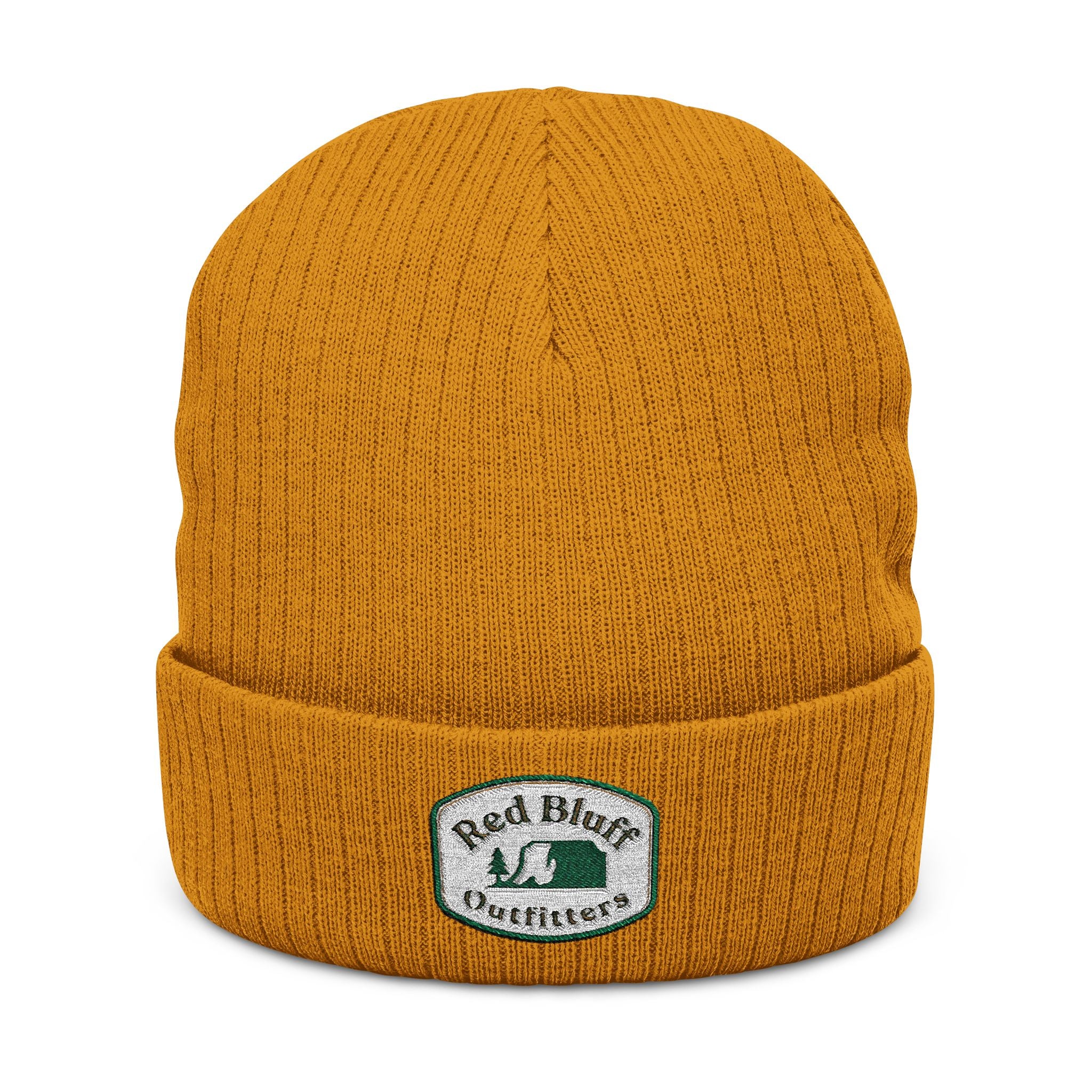 Embroidered Ribbed Knit Beanie — 'Red Bluff Outfitters' Patch Winter Hat