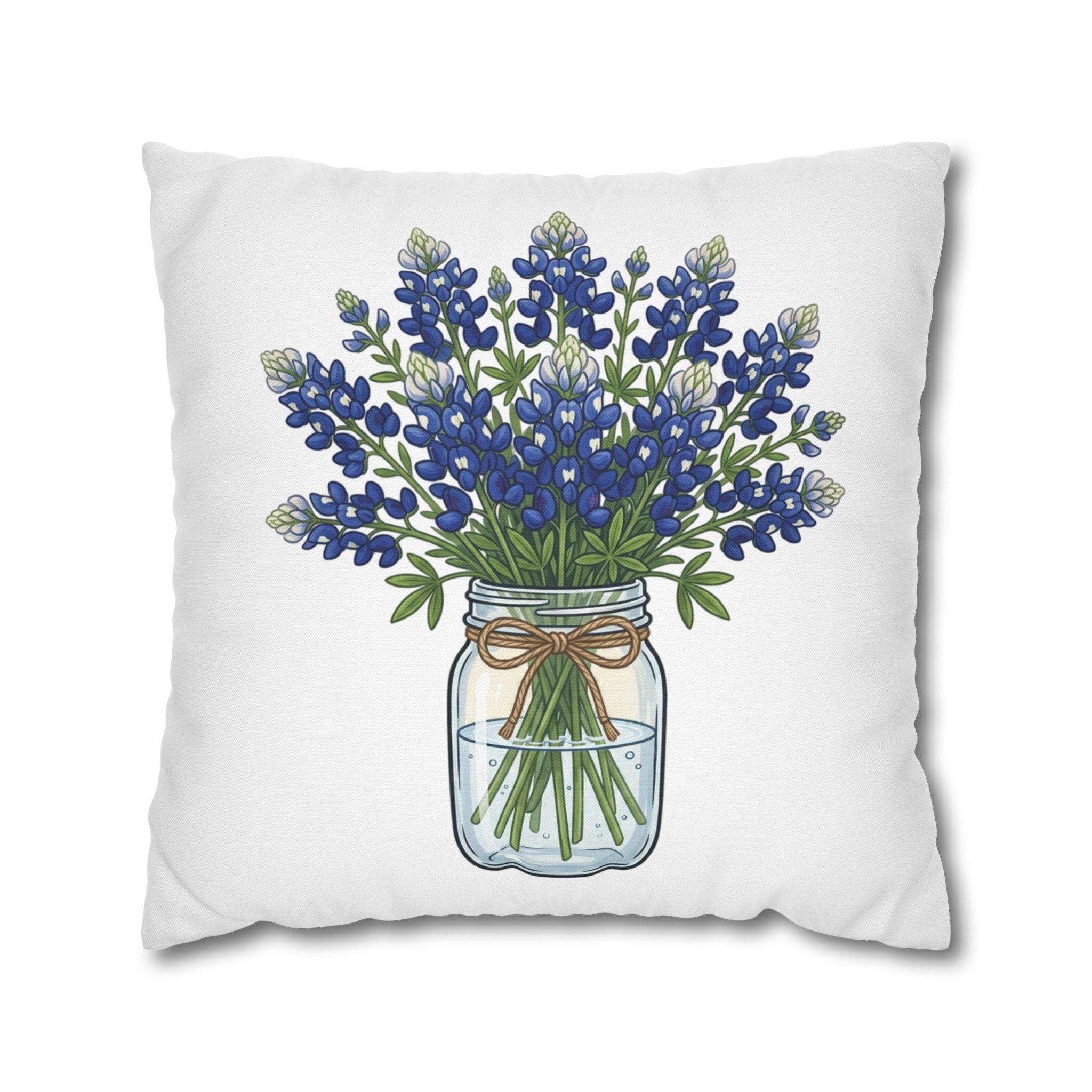 Bluebonnet Bouquet Pillowcase — Mason Jar Floral Decorative Throw Pillow