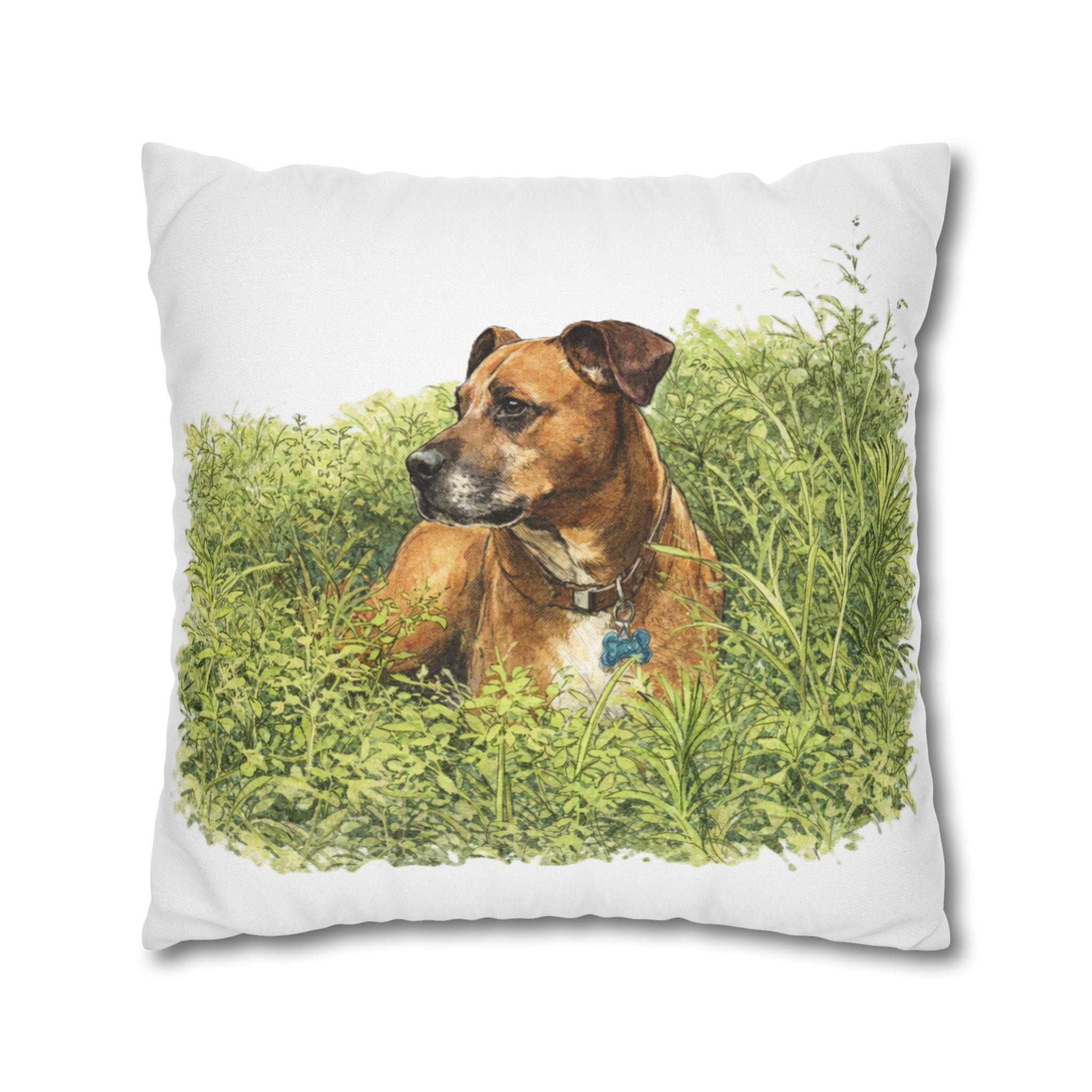 Dog Photo Throw Pillow — Brown Dog in Grass Spun Polyester Square Pillowcase