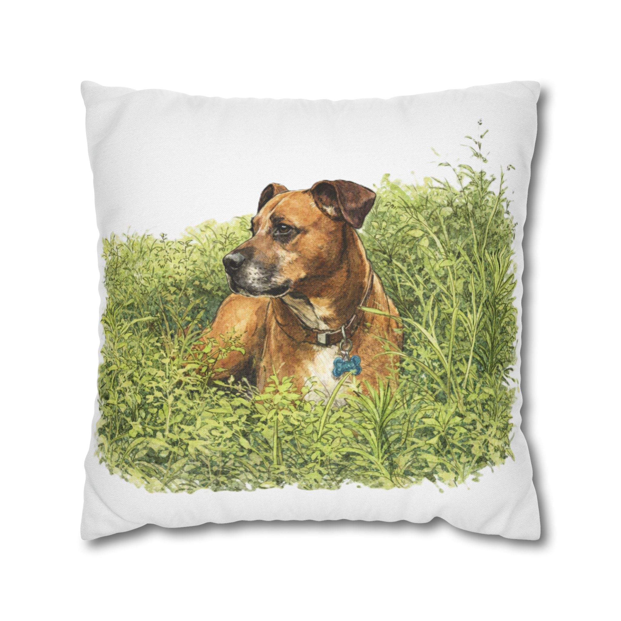 Dog Photo Throw Pillow — Brown Dog in Grass Spun Polyester Square Pillowcase