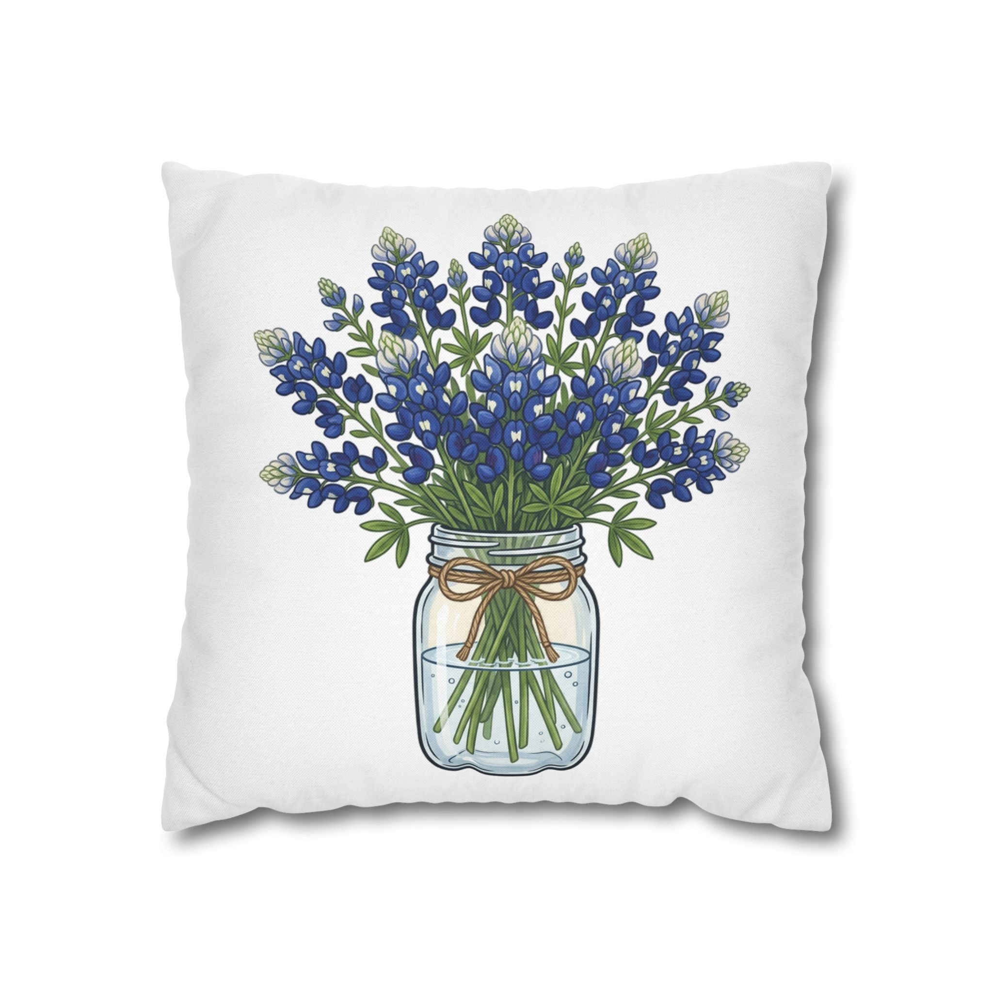 Bluebonnet Bouquet Pillowcase — Mason Jar Floral Decorative Throw Pillow