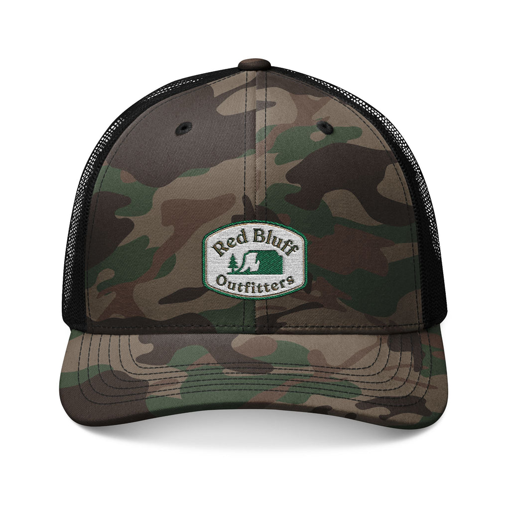 Camo Trucker Hat — Embroidered 'Red Bluff Outfitters' Patch, Breathable Mesh Cap for Outdoors & Hunting