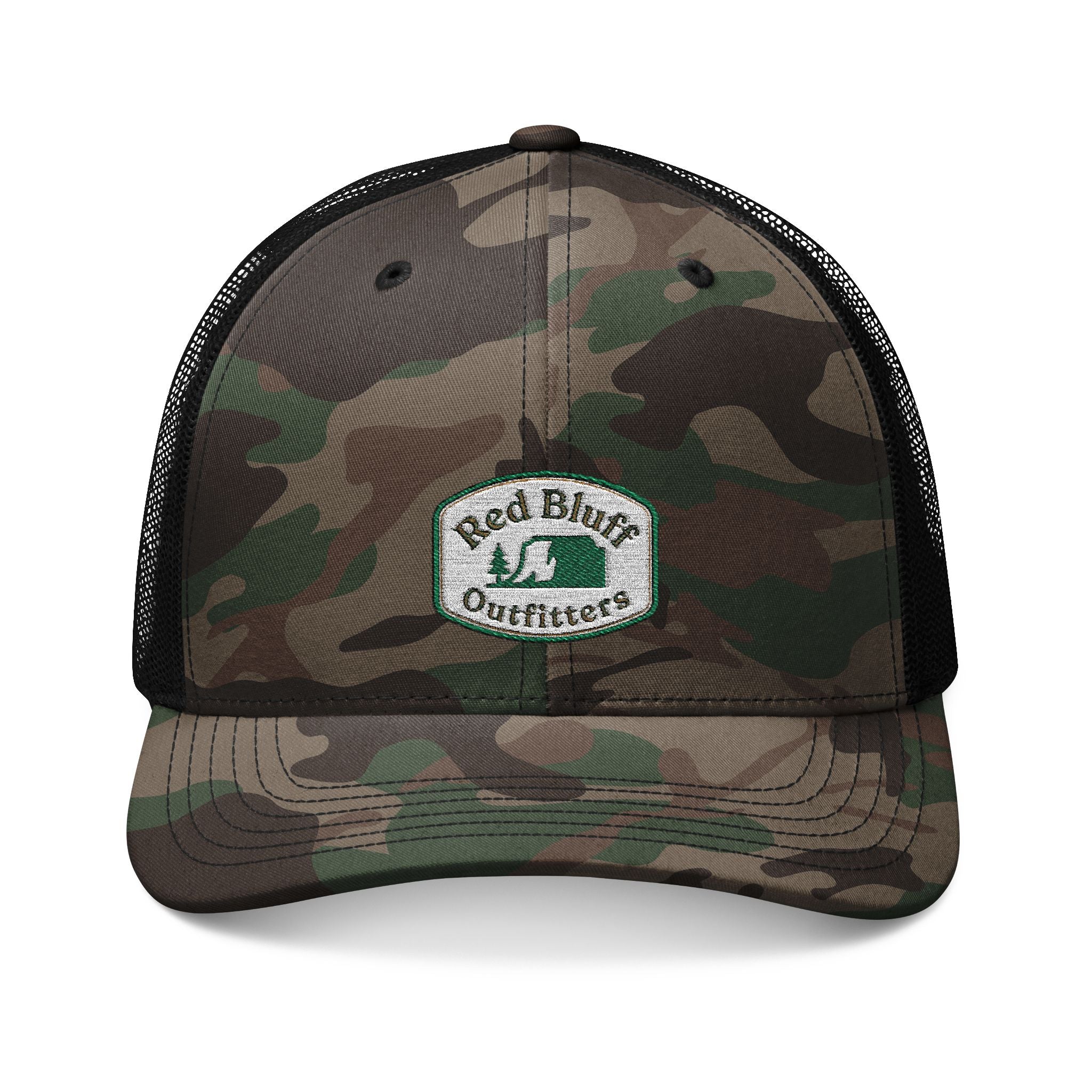 Camo Trucker Hat — Embroidered 'Red Bluff Outfitters' Patch, Breathable Mesh Cap for Outdoors & Hunting