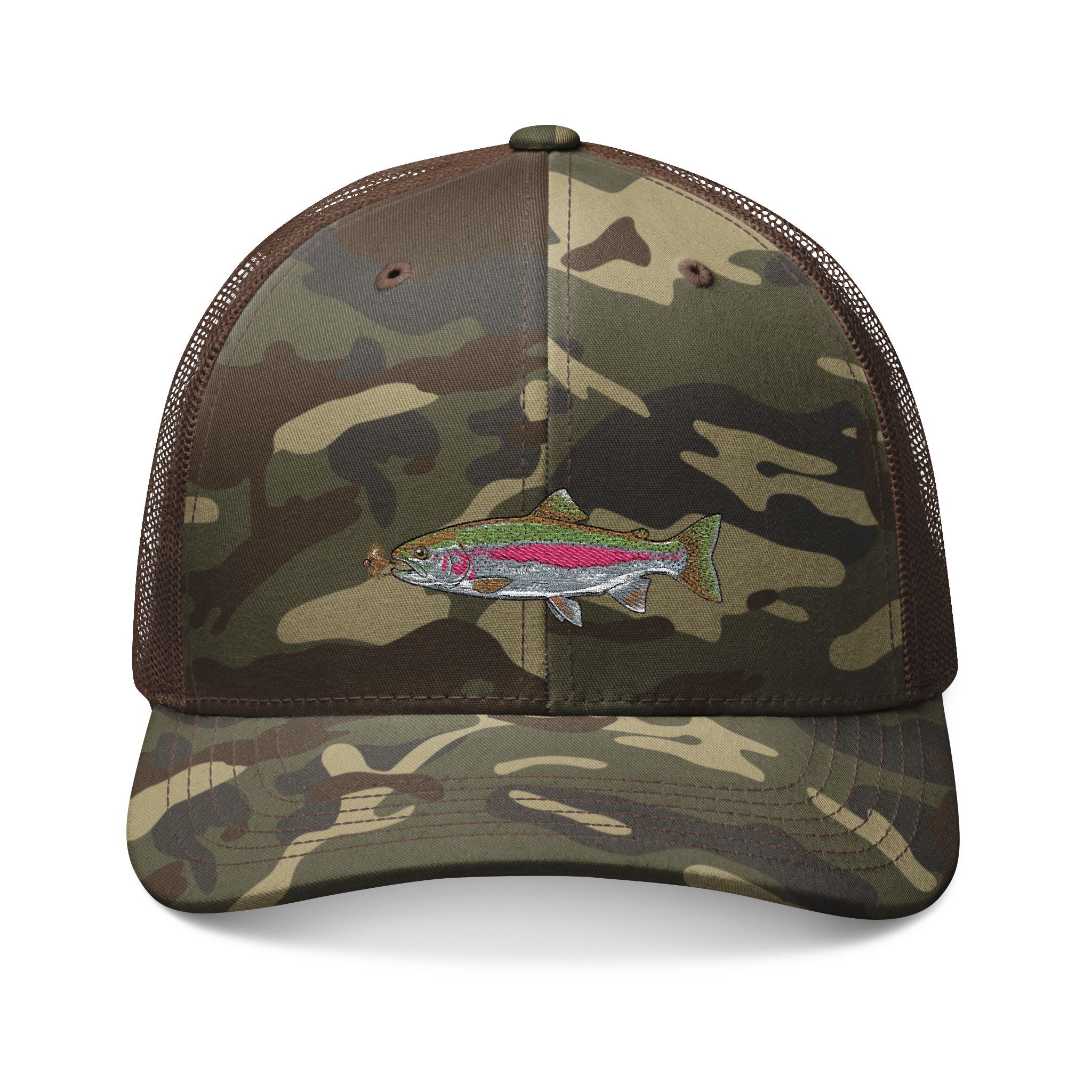 Camouflage Trucker Hat — Embroidered Rainbow Trout Cap