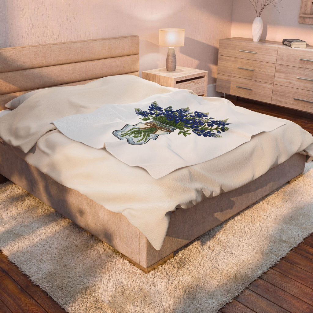 Velveteen Blanket with Bluebonnet Mason Jar Bouquet — Soft Floral Throw for Spring Decor & Mother's Day
