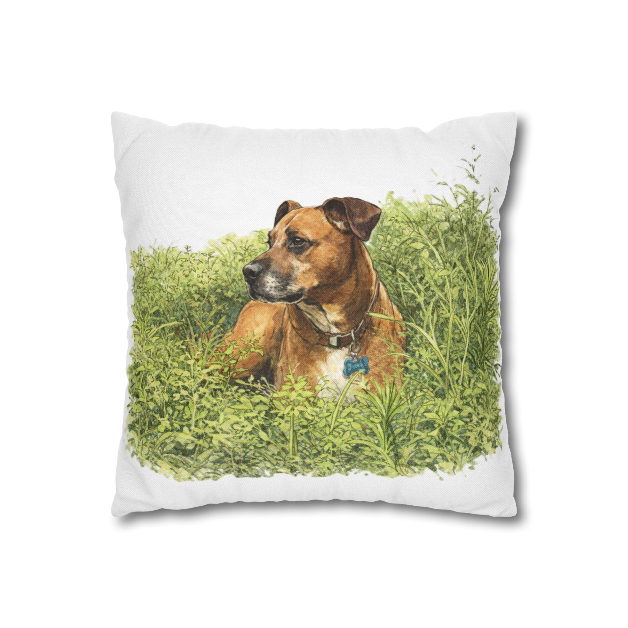Dog Photo Throw Pillow — Brown Dog in Grass Spun Polyester Square Pillowcase