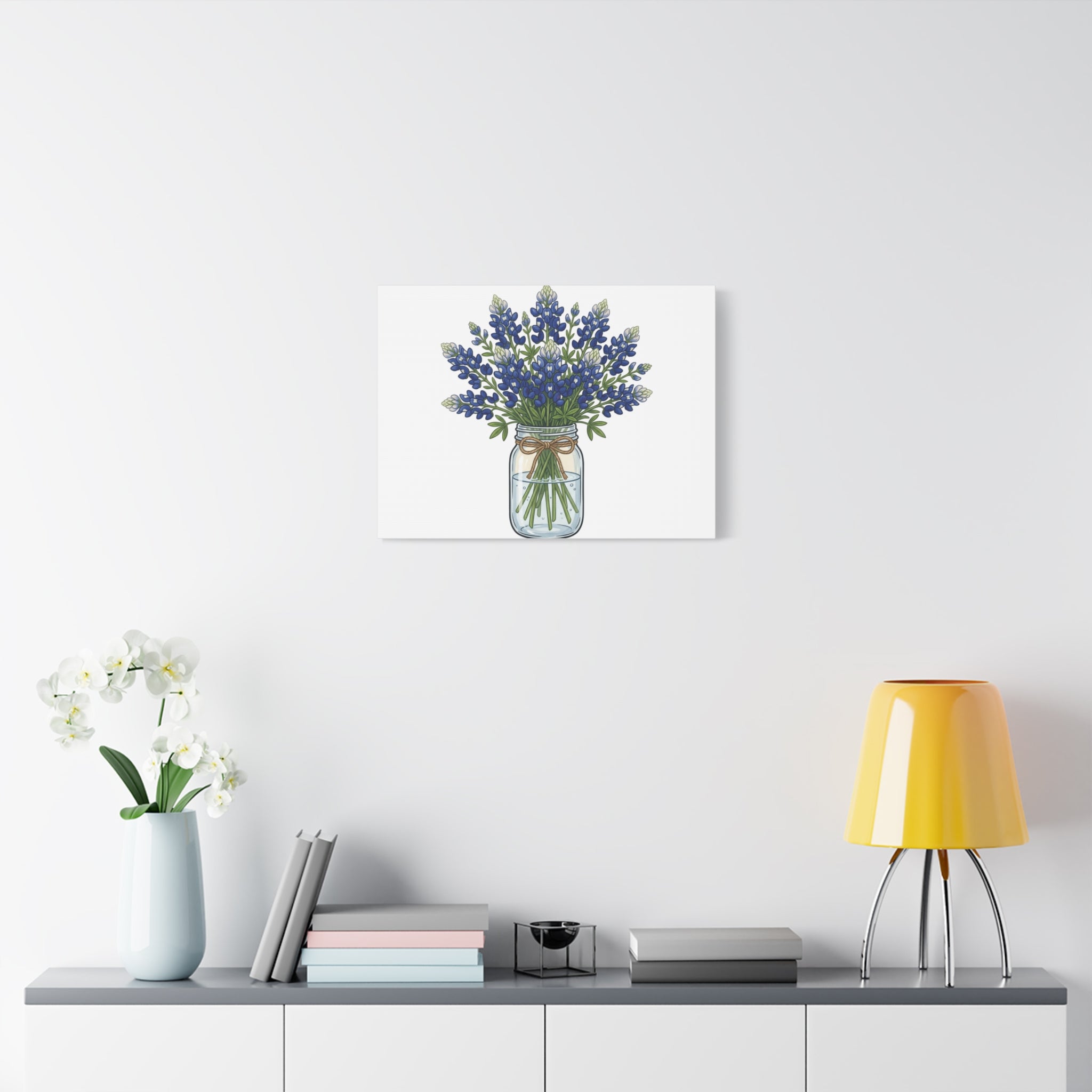 Bluebonnet Mason Jar Canvas Print — Rustic Floral Wall Art