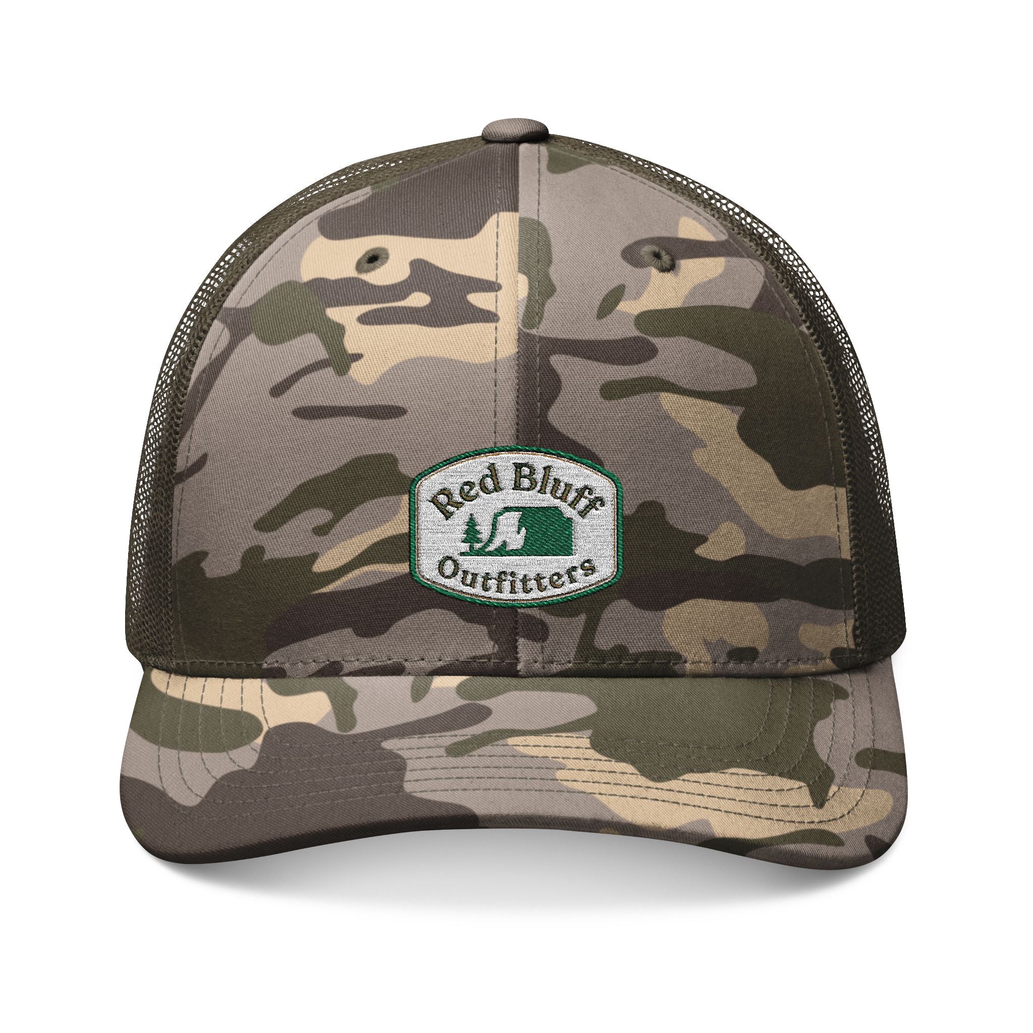 Camo Trucker Hat — Embroidered 'Red Bluff Outfitters' Patch, Breathable Mesh Cap for Outdoors & Hunting