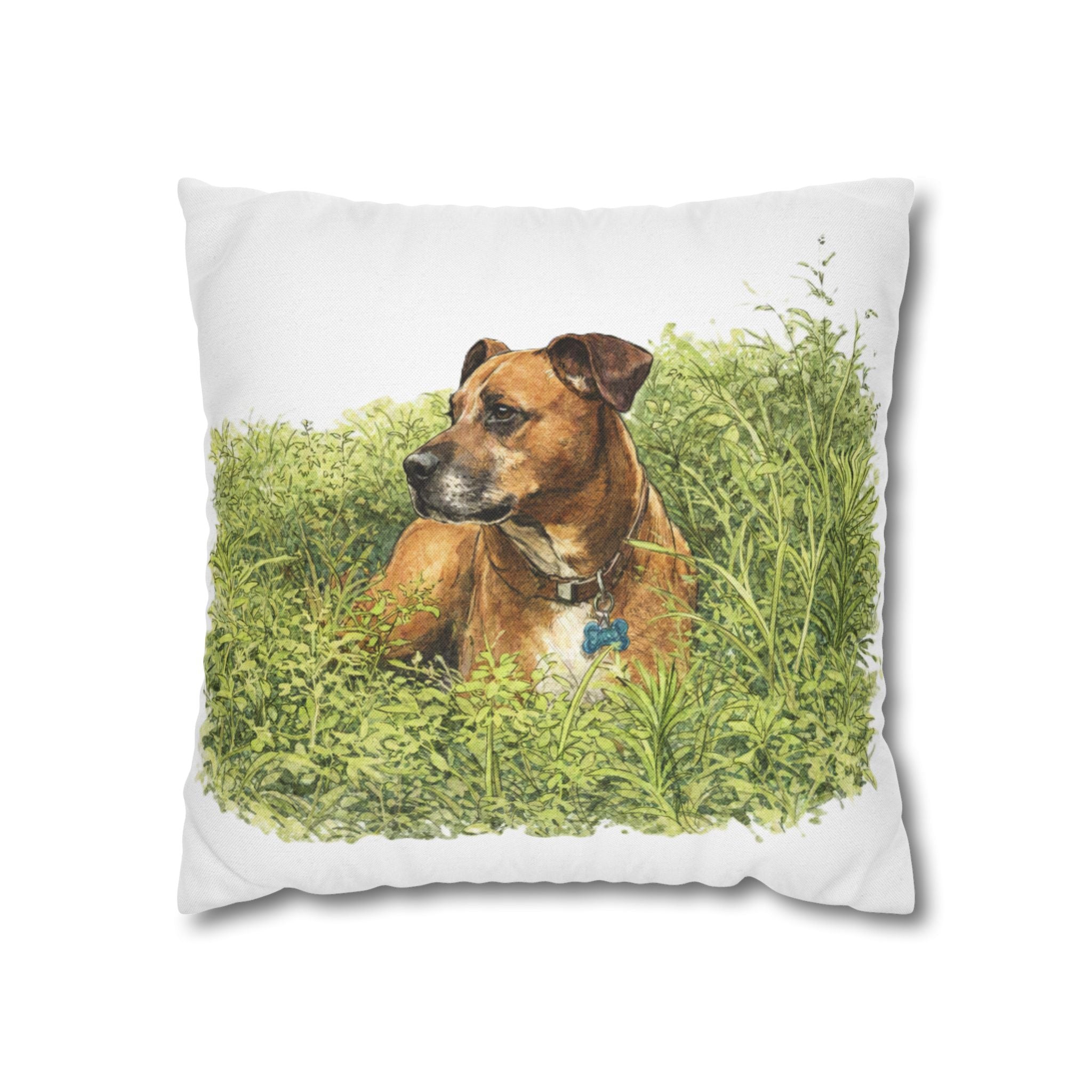 Dog Photo Throw Pillow — Brown Dog in Grass Spun Polyester Square Pillowcase