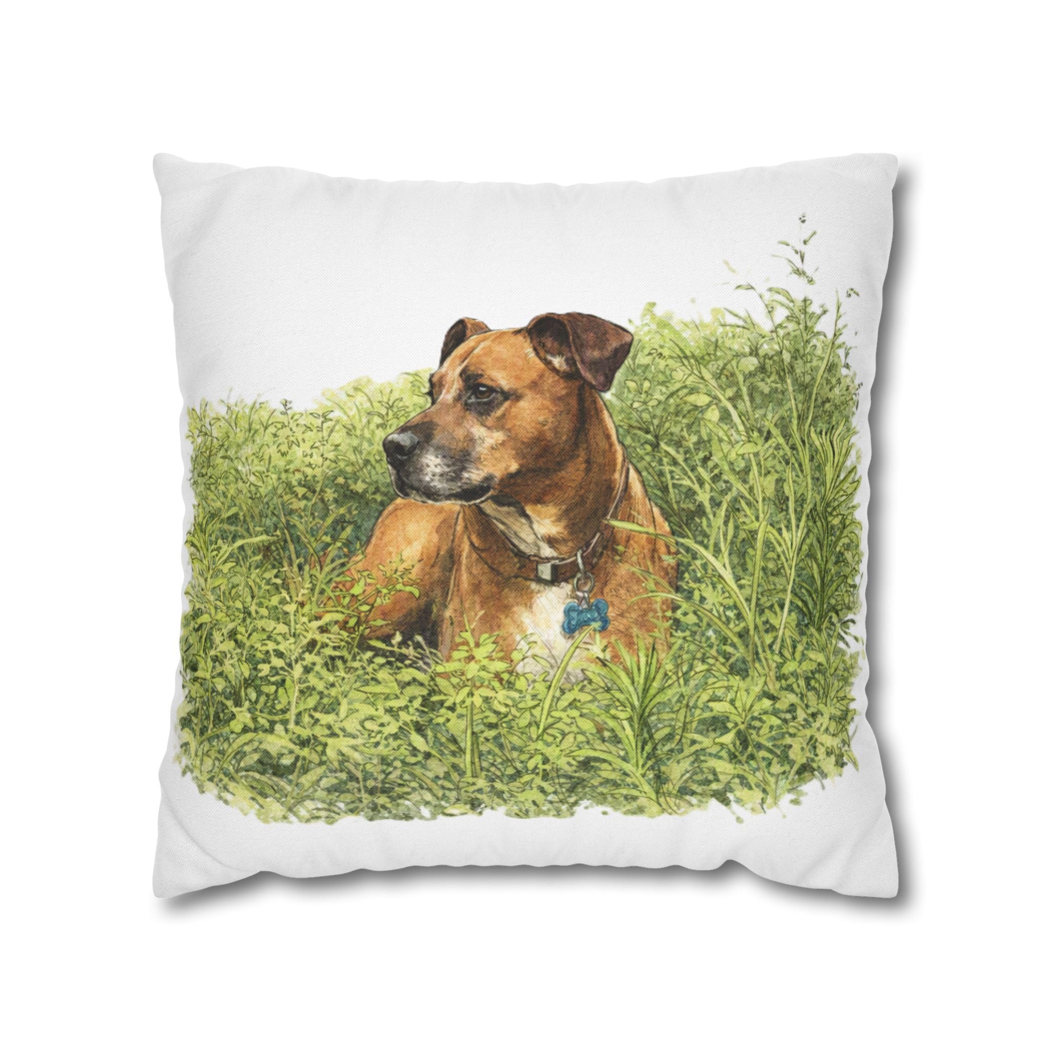 Dog Photo Throw Pillow — Brown Dog in Grass Spun Polyester Square Pillowcase