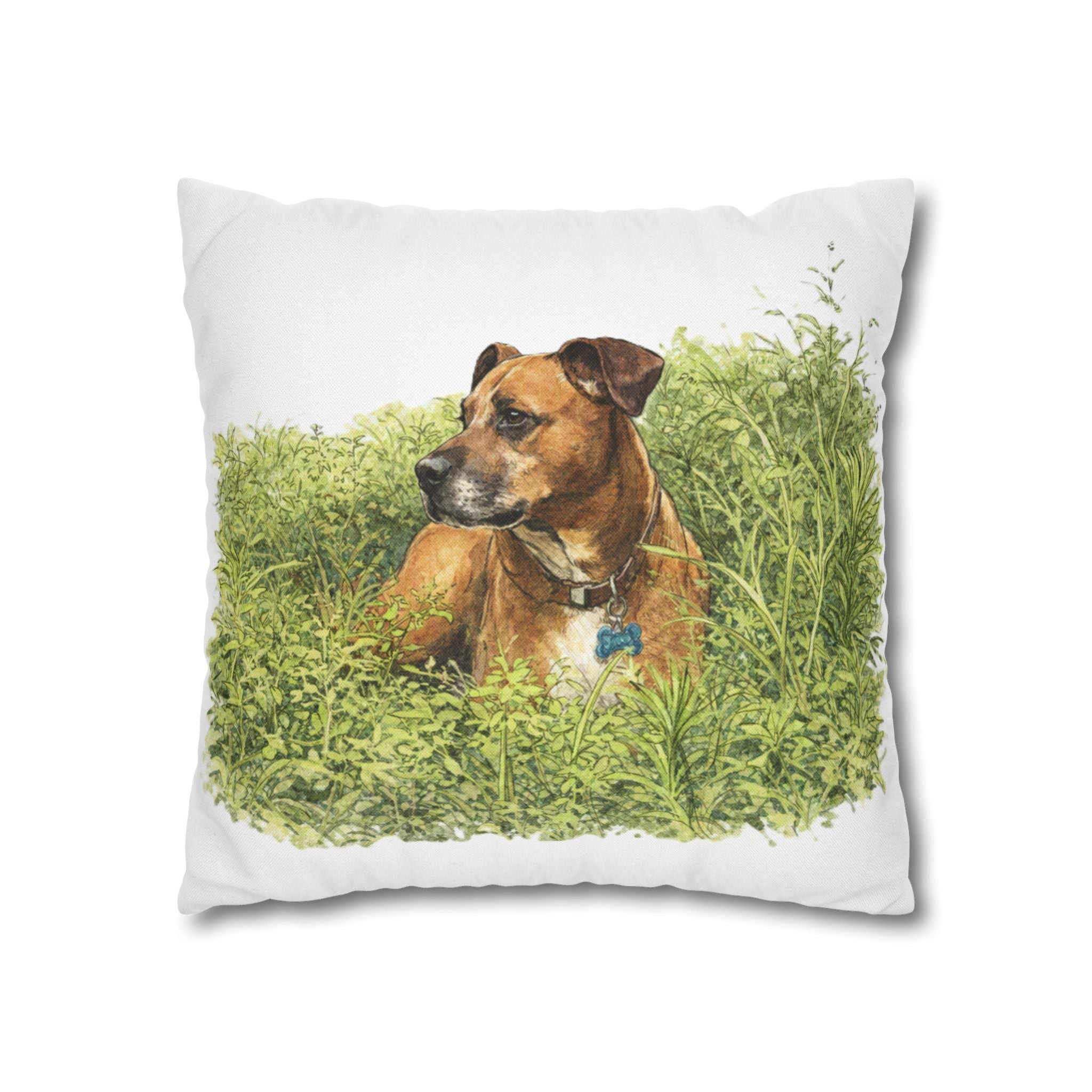 Dog Photo Throw Pillow — Brown Dog in Grass Spun Polyester Square Pillowcase