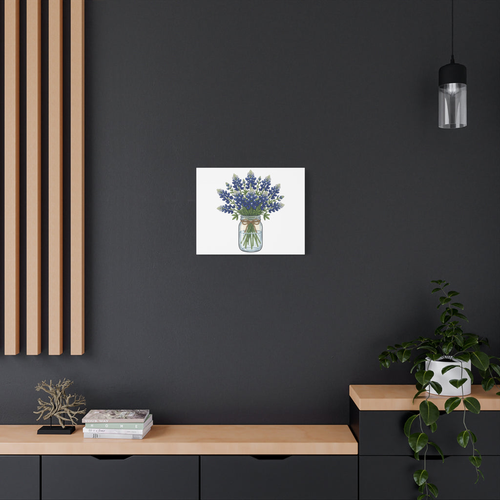 Bluebonnet Mason Jar Canvas Print — Rustic Floral Wall Art