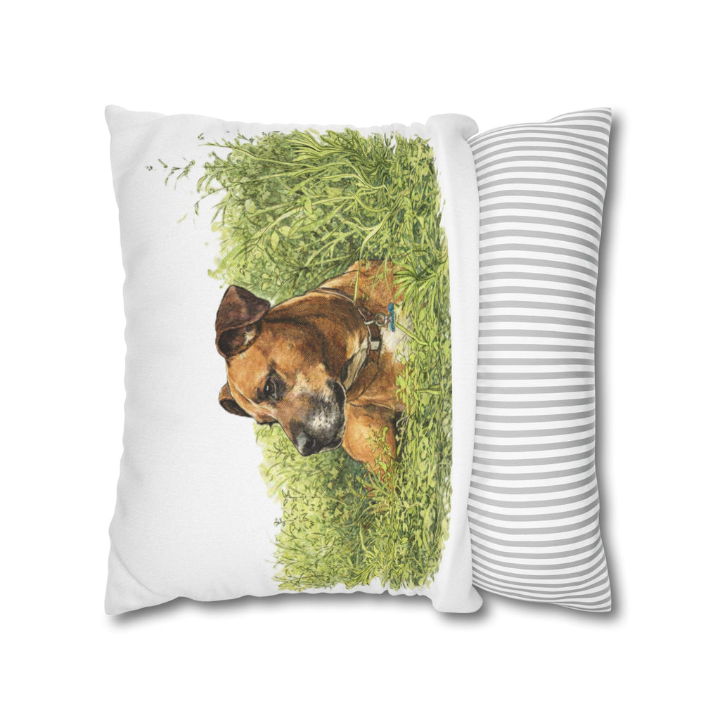 Dog Photo Throw Pillow — Brown Dog in Grass Spun Polyester Square Pillowcase