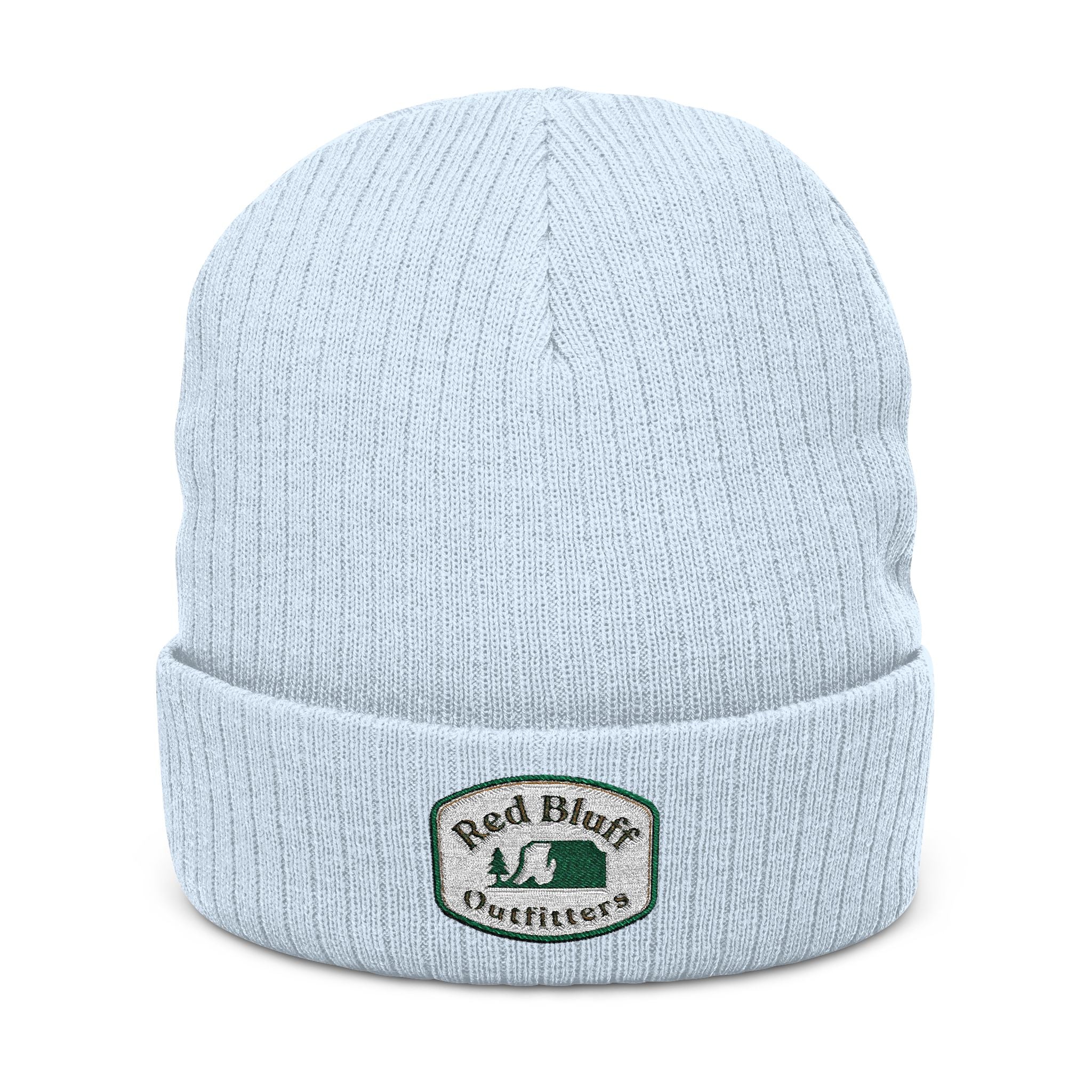 Embroidered Ribbed Knit Beanie — 'Red Bluff Outfitters' Patch Winter Hat
