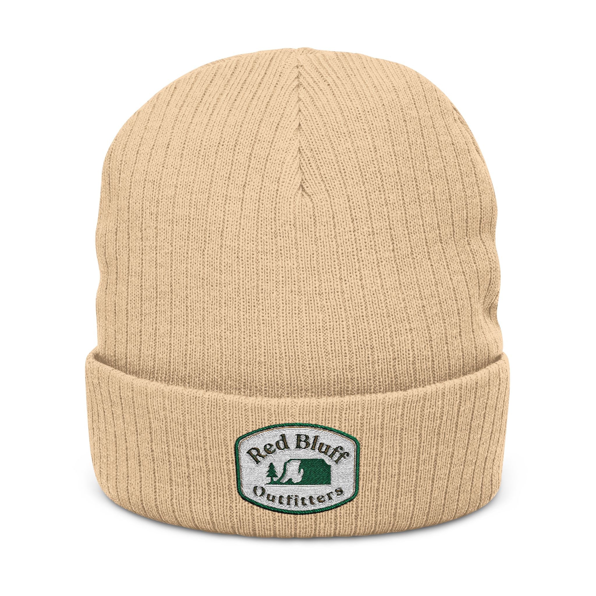 Embroidered Ribbed Knit Beanie — 'Red Bluff Outfitters' Patch Winter Hat