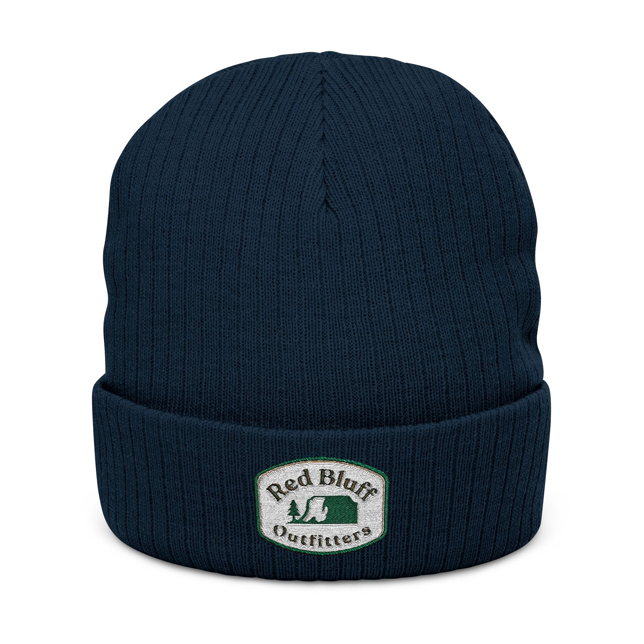 Embroidered Ribbed Knit Beanie — 'Red Bluff Outfitters' Patch Winter Hat