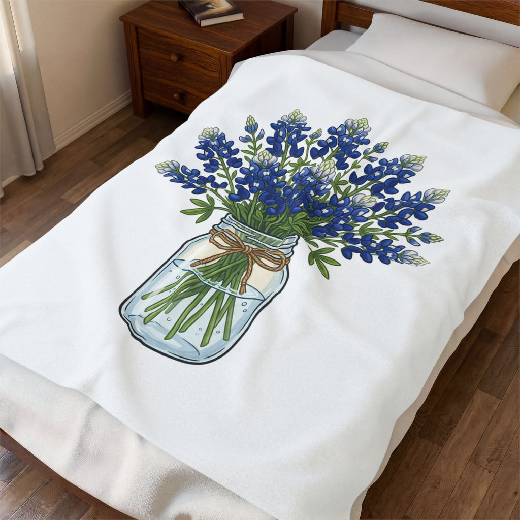 Velveteen Blanket with Bluebonnet Mason Jar Bouquet — Soft Floral Throw for Spring Decor & Mother's Day