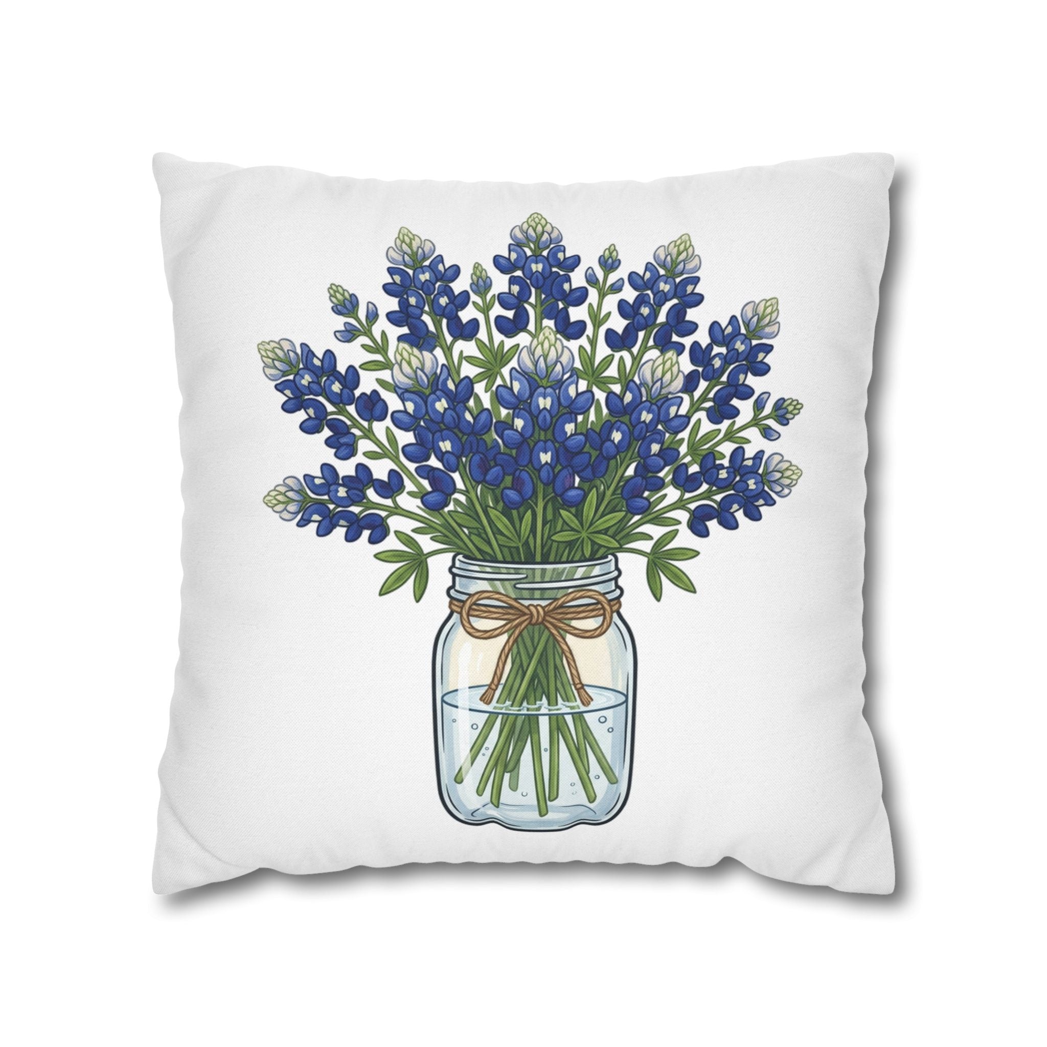 Bluebonnet Bouquet Pillowcase — Mason Jar Floral Decorative Throw Pillow
