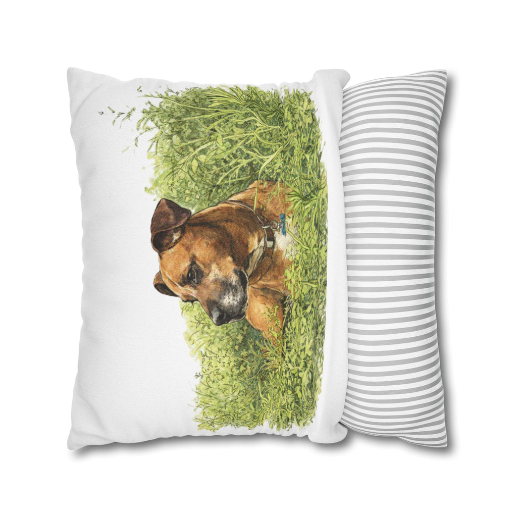Dog Photo Throw Pillow — Brown Dog in Grass Spun Polyester Square Pillowcase
