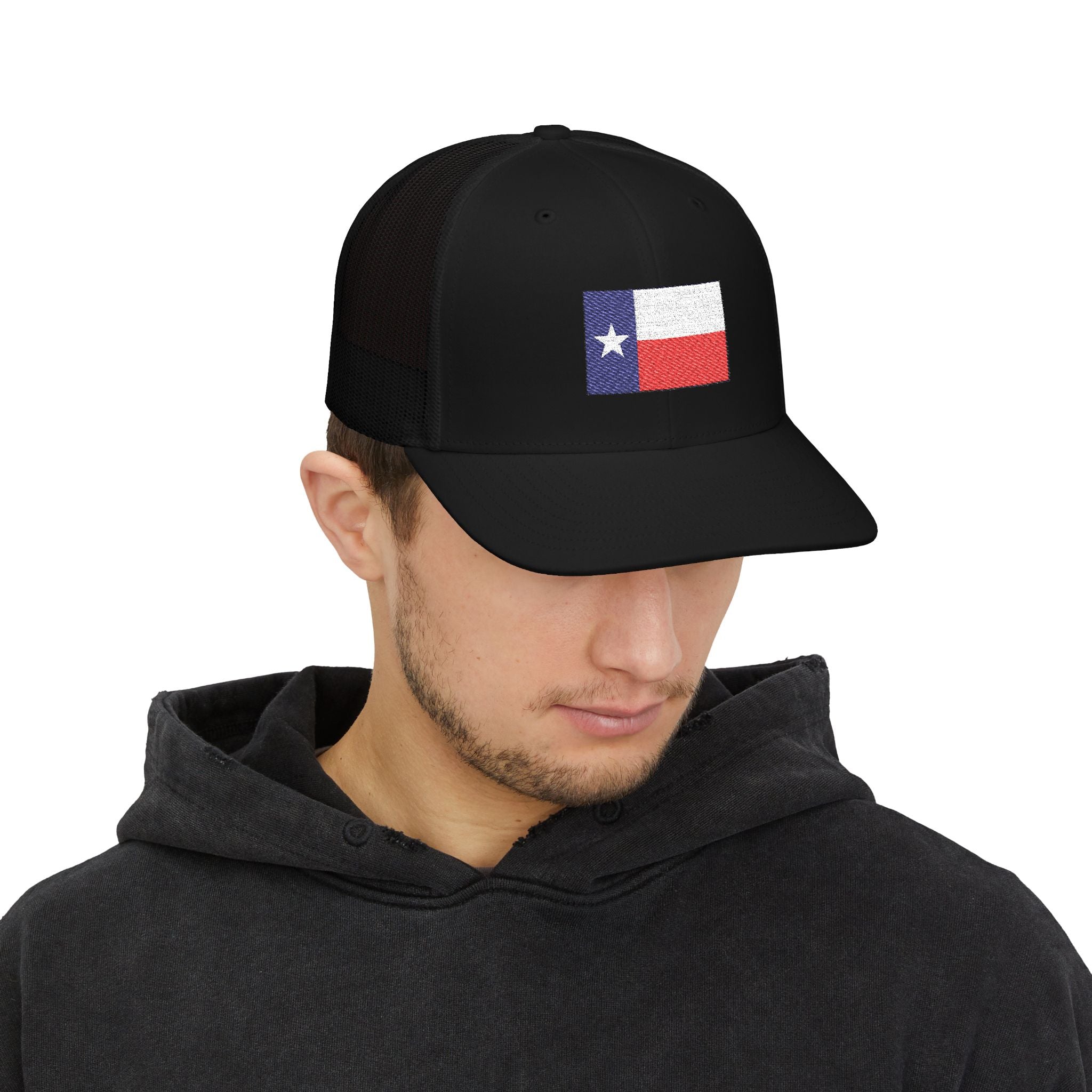 Texas Flag Embroidered Trucker Cap — Distressed Lone Star Snapback