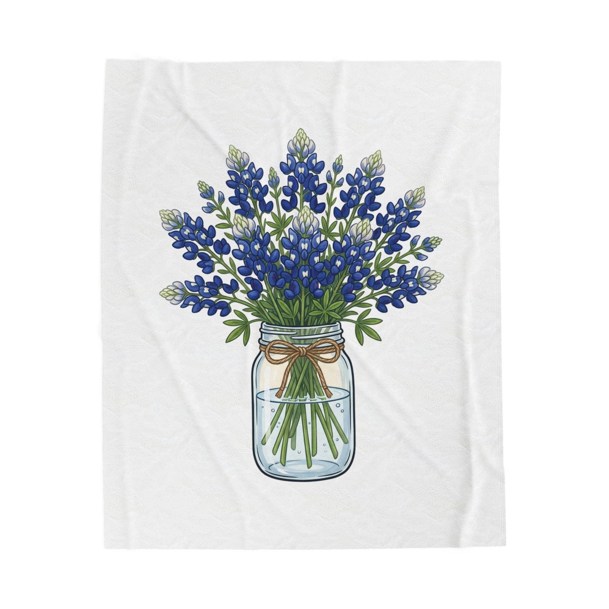 Velveteen Blanket with Bluebonnet Mason Jar Bouquet — Soft Floral Throw for Spring Decor & Mother's Day