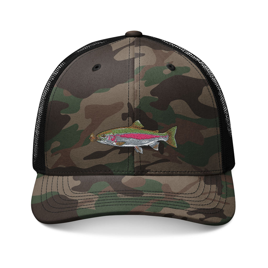 Camouflage Trucker Hat — Embroidered Rainbow Trout Cap