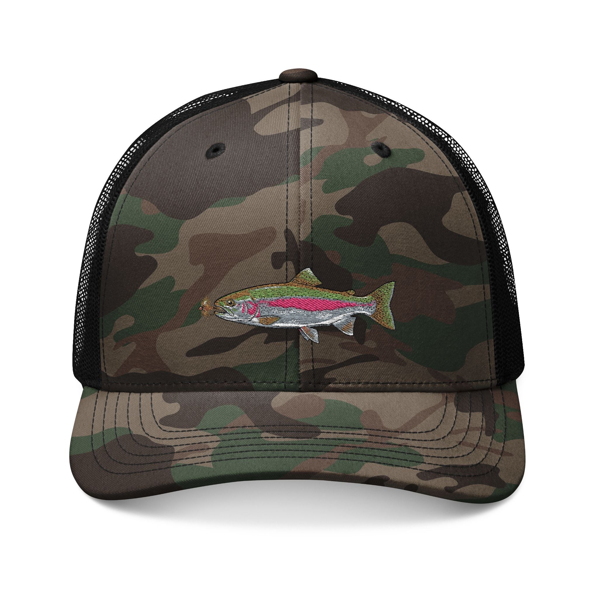 Camouflage Trucker Hat — Embroidered Rainbow Trout Cap