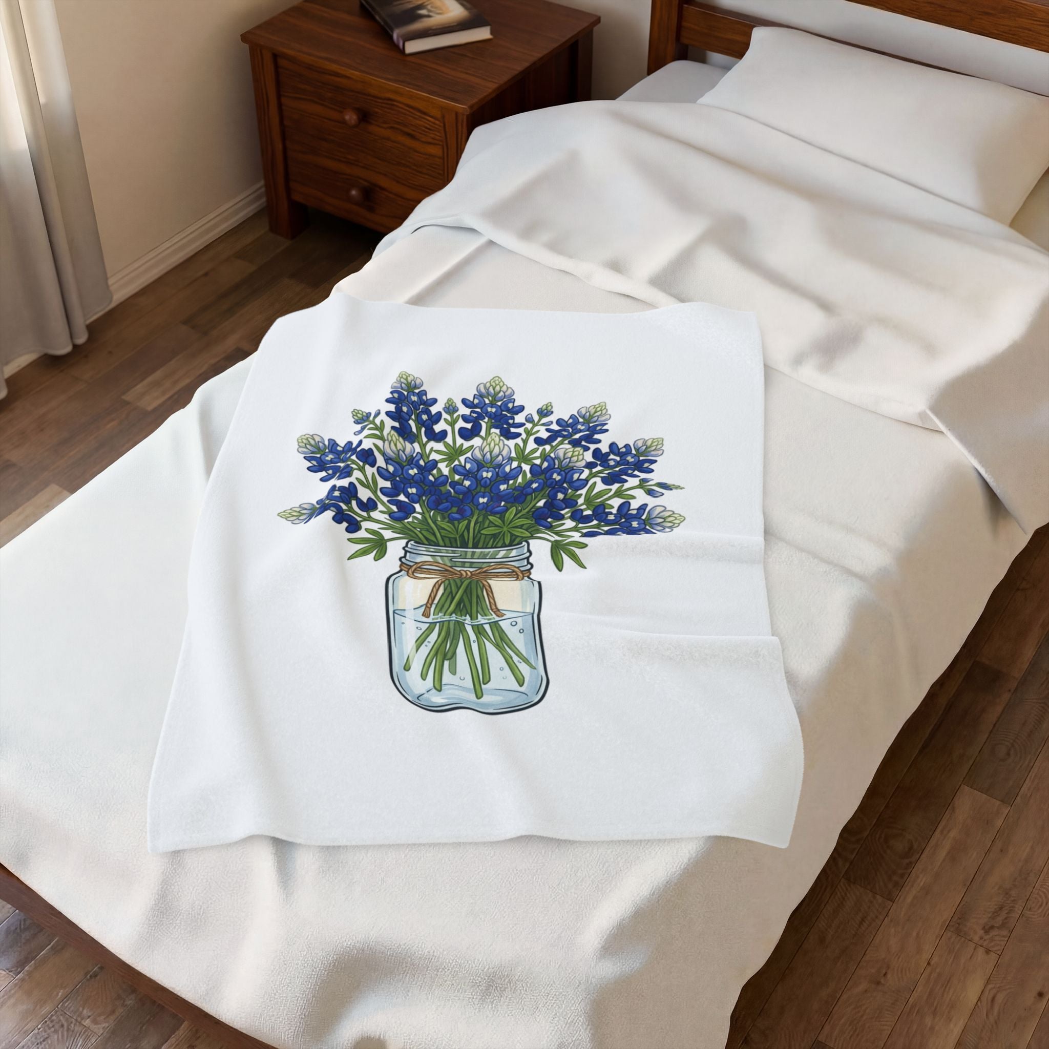 Velveteen Blanket with Bluebonnet Mason Jar Bouquet — Soft Floral Throw for Spring Decor & Mother's Day