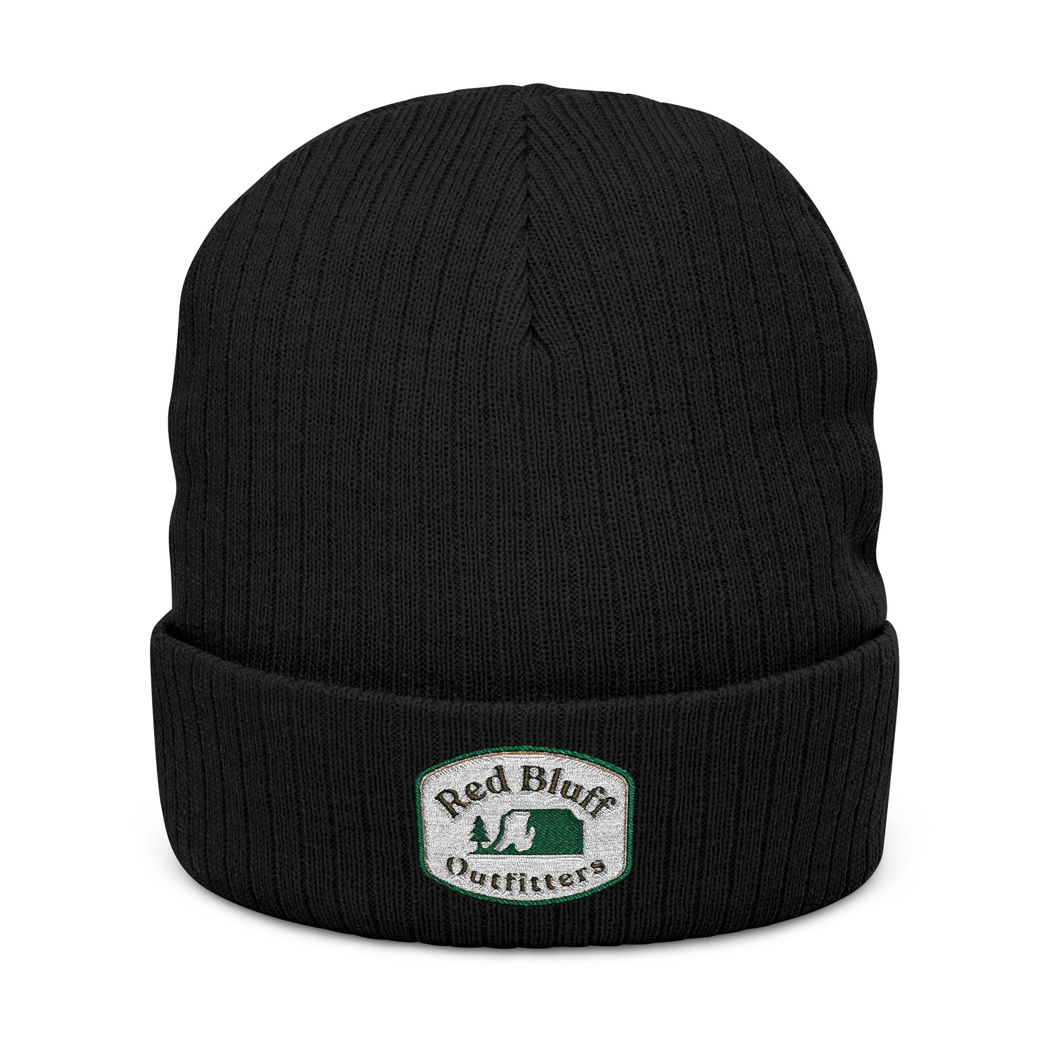 Embroidered Ribbed Knit Beanie — 'Red Bluff Outfitters' Patch Winter Hat