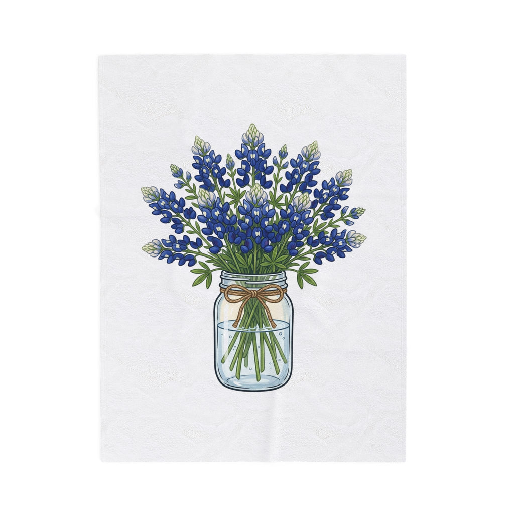 Velveteen Blanket with Bluebonnet Mason Jar Bouquet — Soft Floral Throw for Spring Decor & Mother's Day