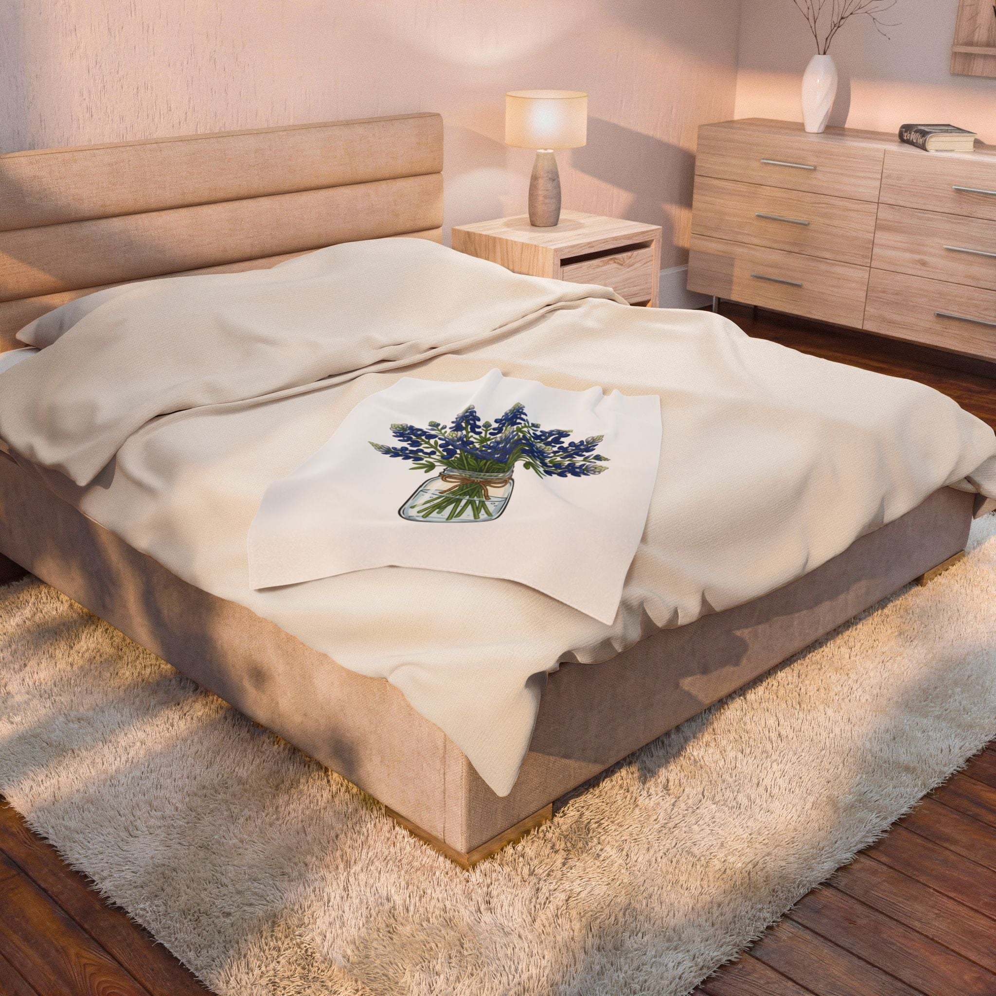 Velveteen Blanket with Bluebonnet Mason Jar Bouquet — Soft Floral Throw for Spring Decor & Mother's Day