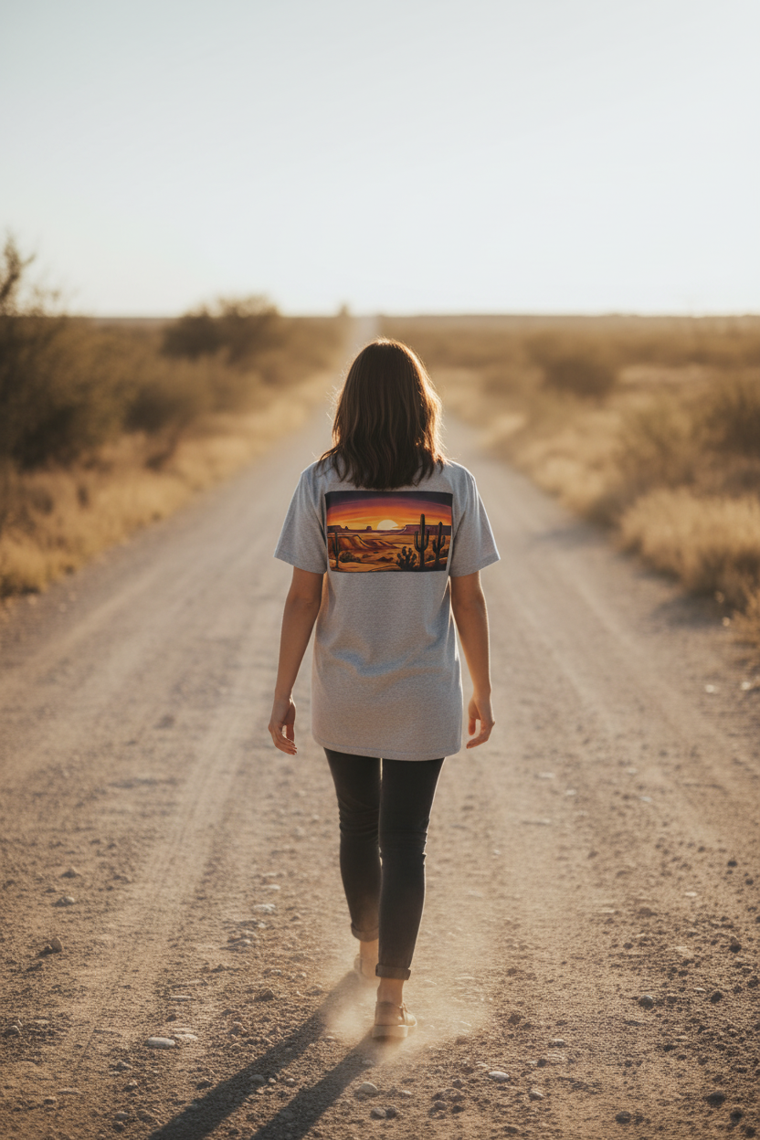 Texas Sunset Soft Tee back graphic on dusty backroad at golden hour