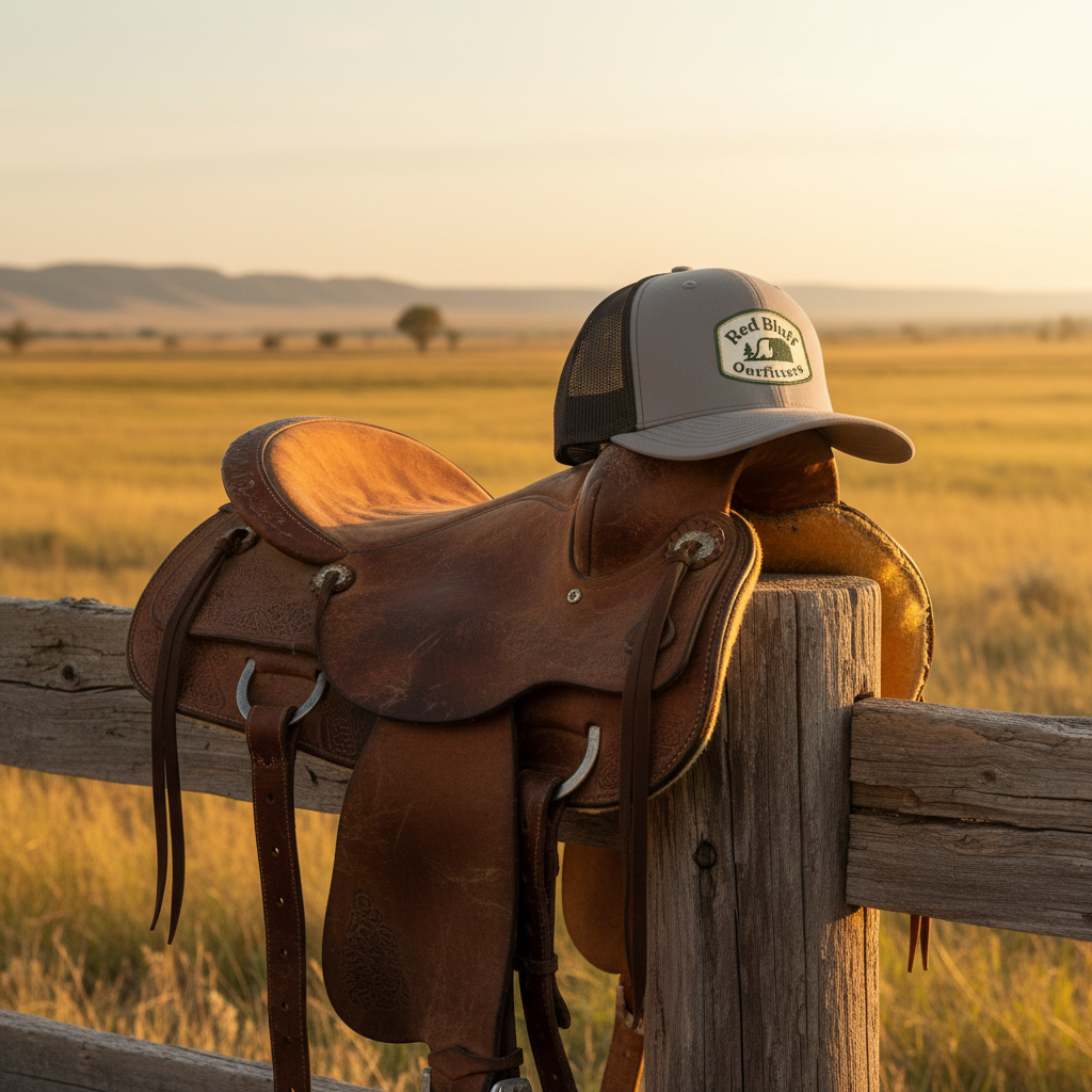 Red Bluff Outfitters Patch Cap on leather saddle at golden hour
