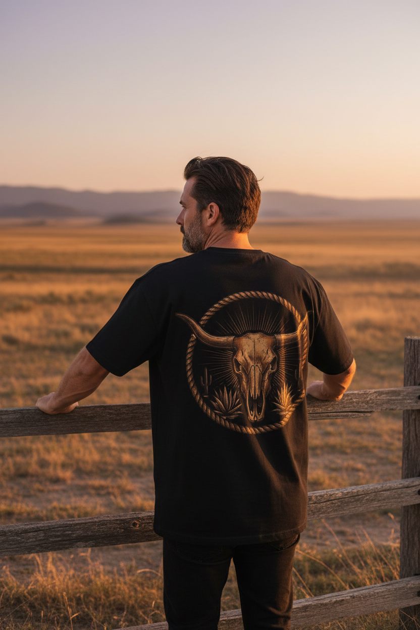 Man wearing Longhorn Skull Texas Tee at golden hour ranch